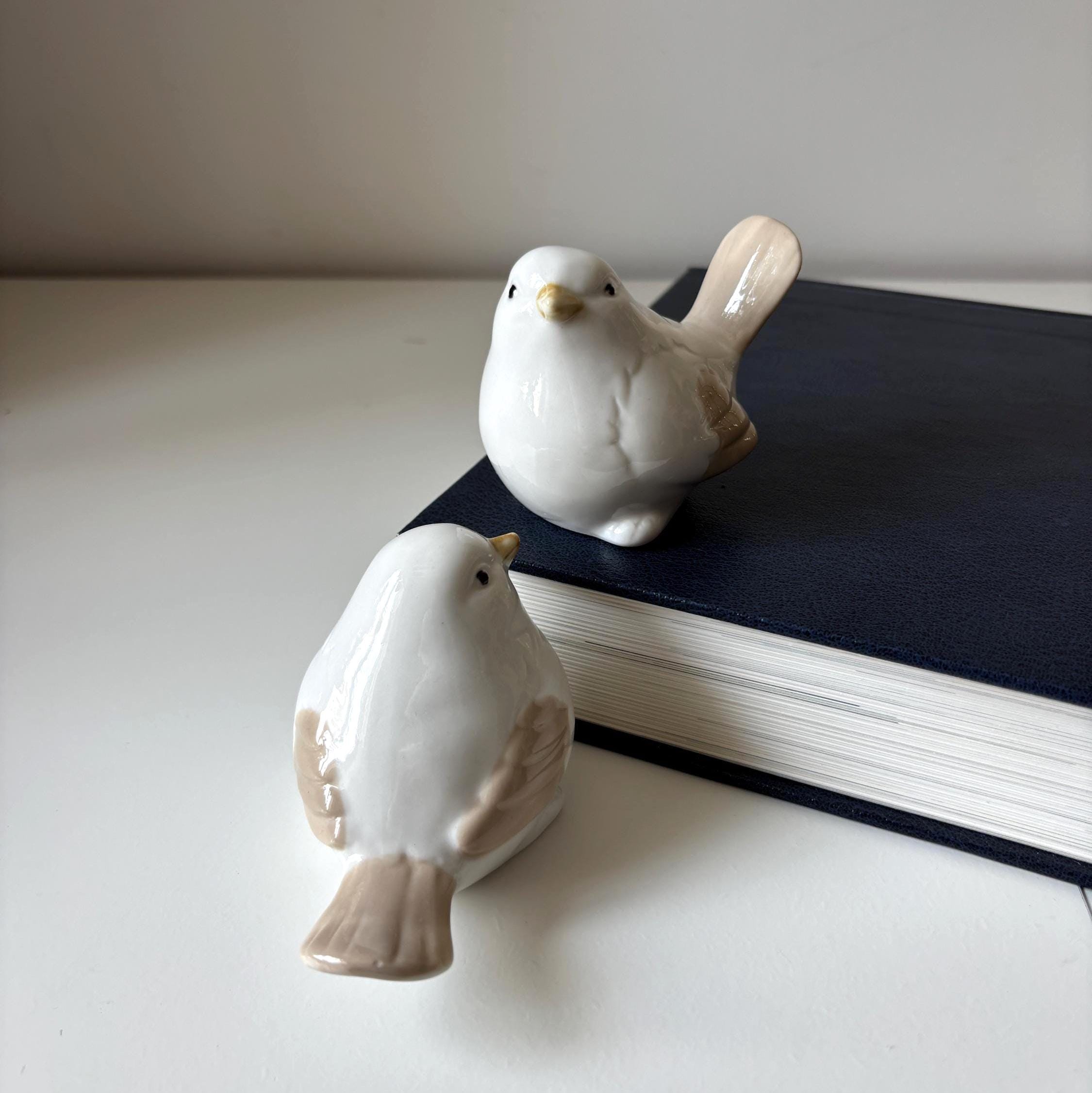 Vintage Ceramic Bird Figurines Pair White Porcelain Scandinavian Home Decor Shelf Ornament Set