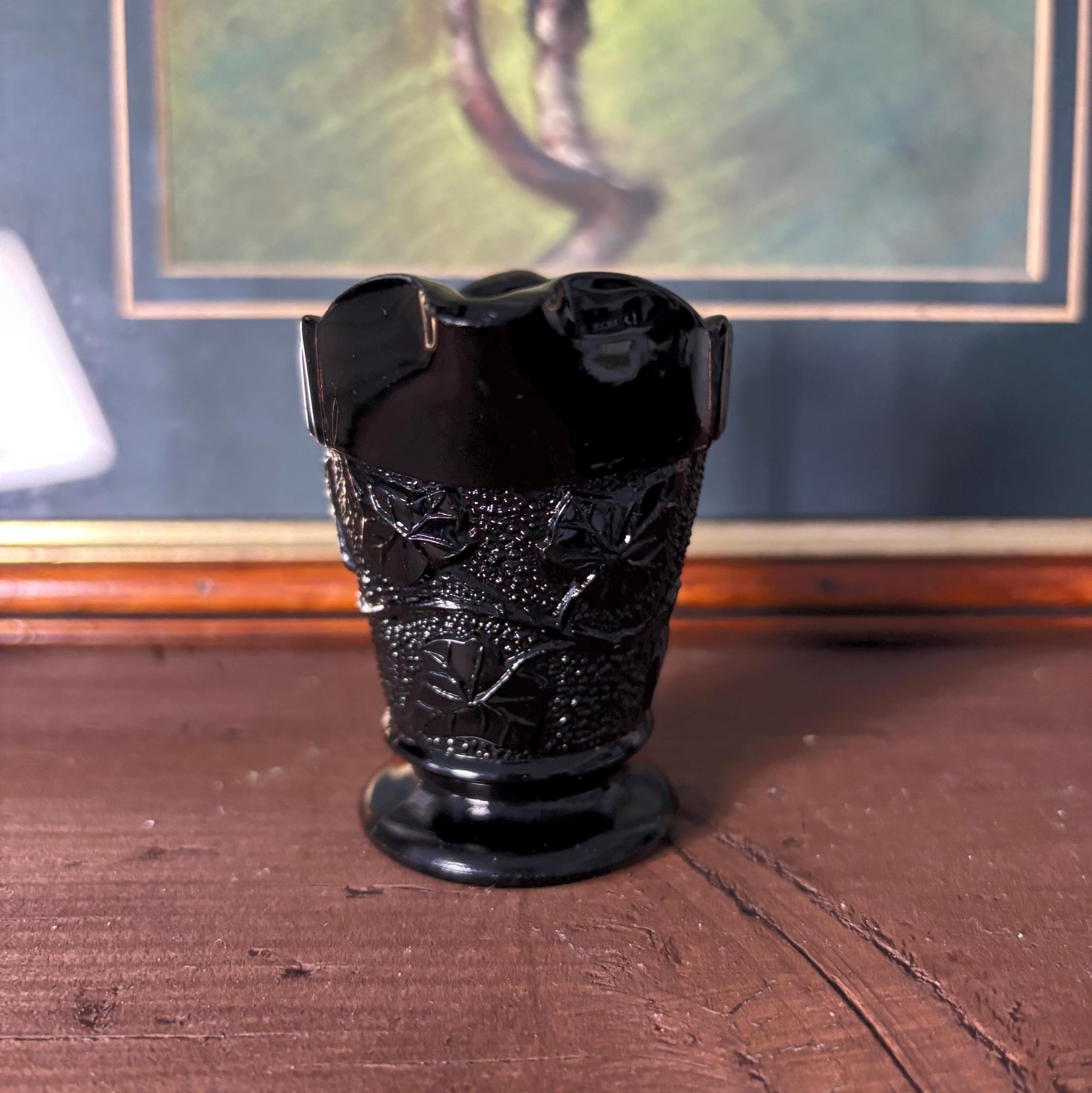 Vintage Black Pressed Glass Creamer Grape Pattern Pedestal Milk Jug