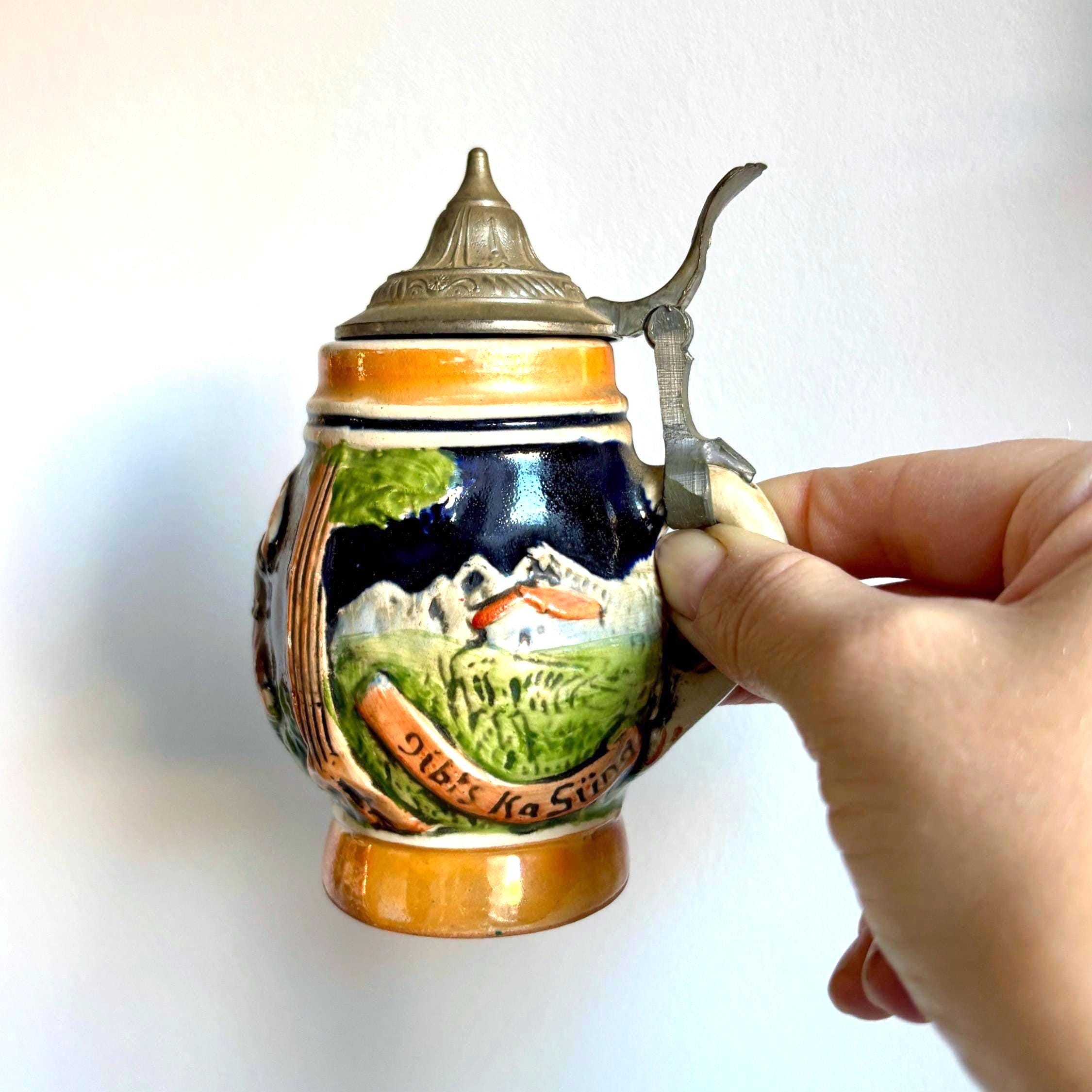 Small Vintage German Beer Stein with Pewter Lid | Hand-Painted Tavern Scene