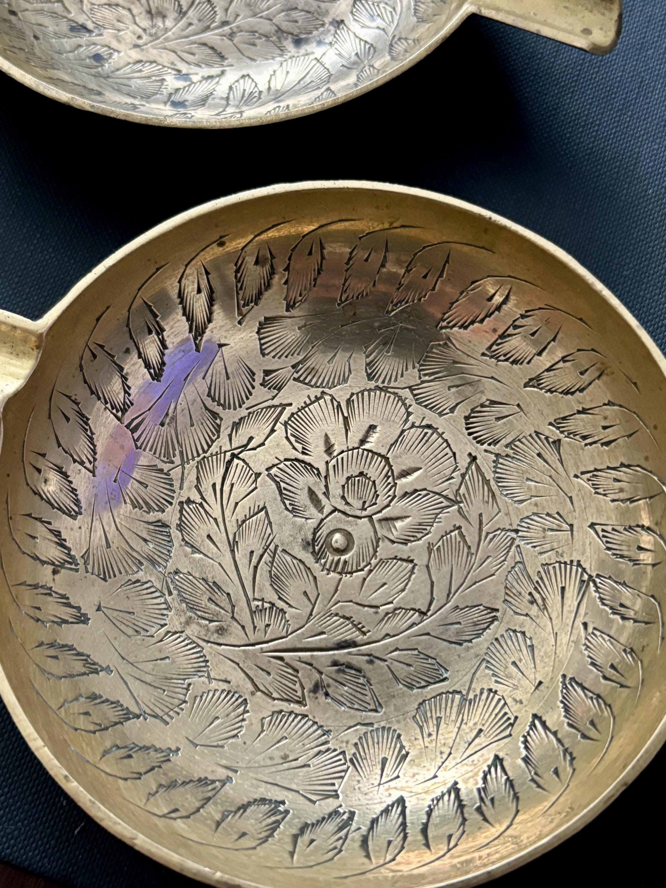 Vintage Hand Etched Brass Ashtray Pair: Indian Floral Ring Dish