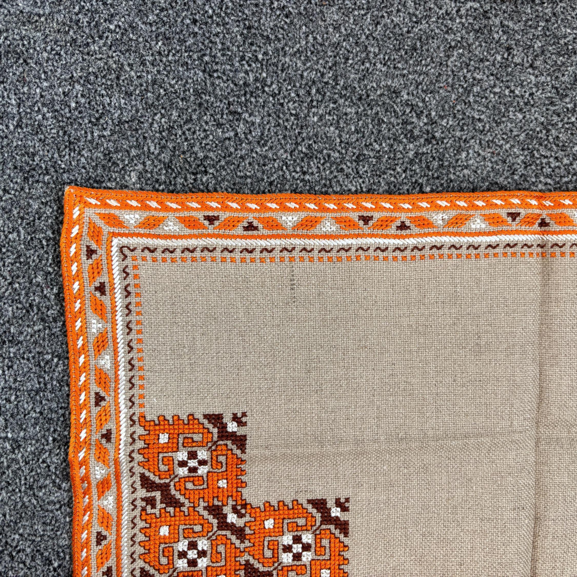 Vintage Bulgarian Hand Embroidered Linen Runner 56x26cm Orange Folk Border