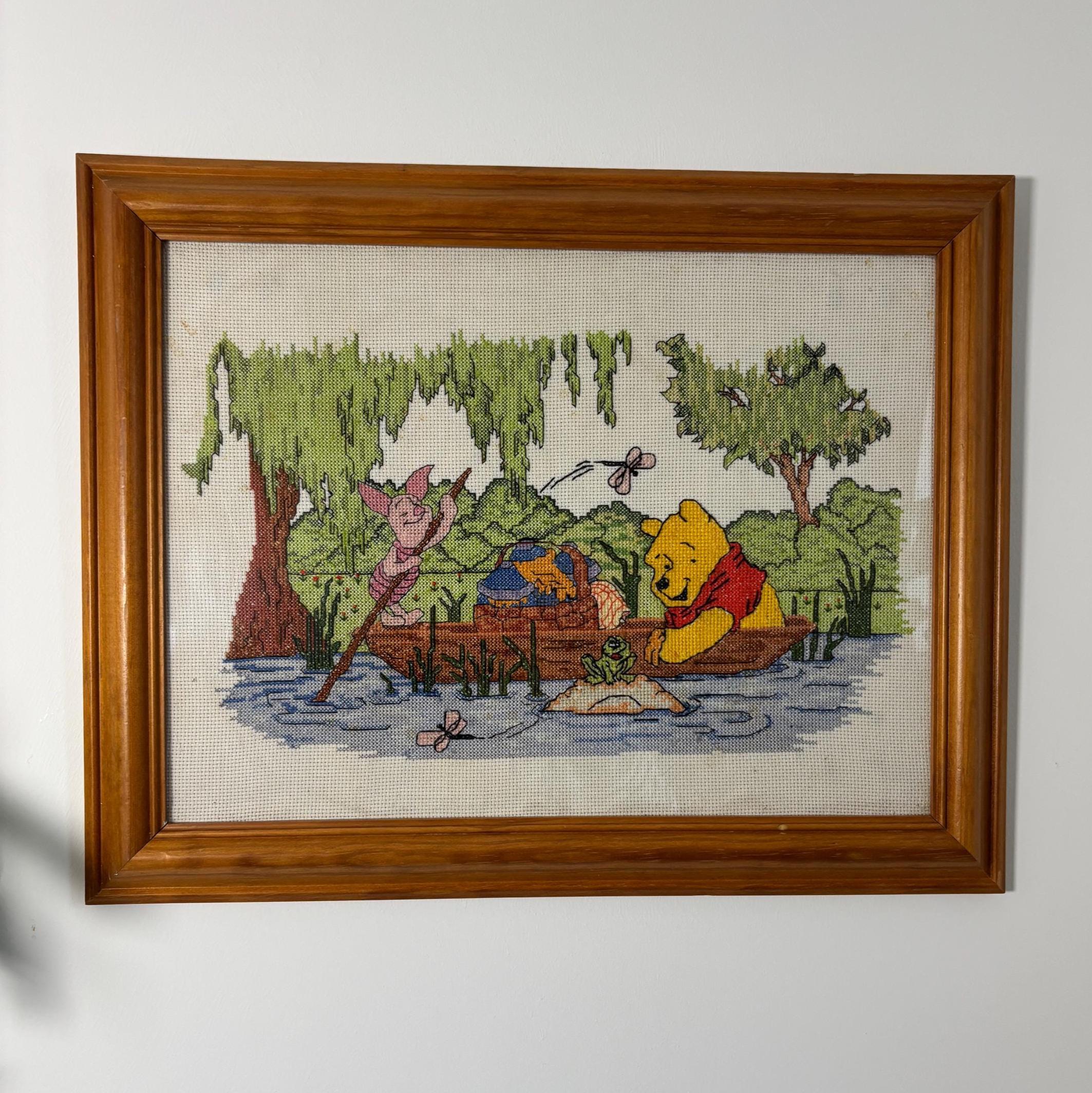 Vintage Framed Winnie the Pooh Cross Stitch Embroidery Nursery Wall Art Piglet Boat Scene
