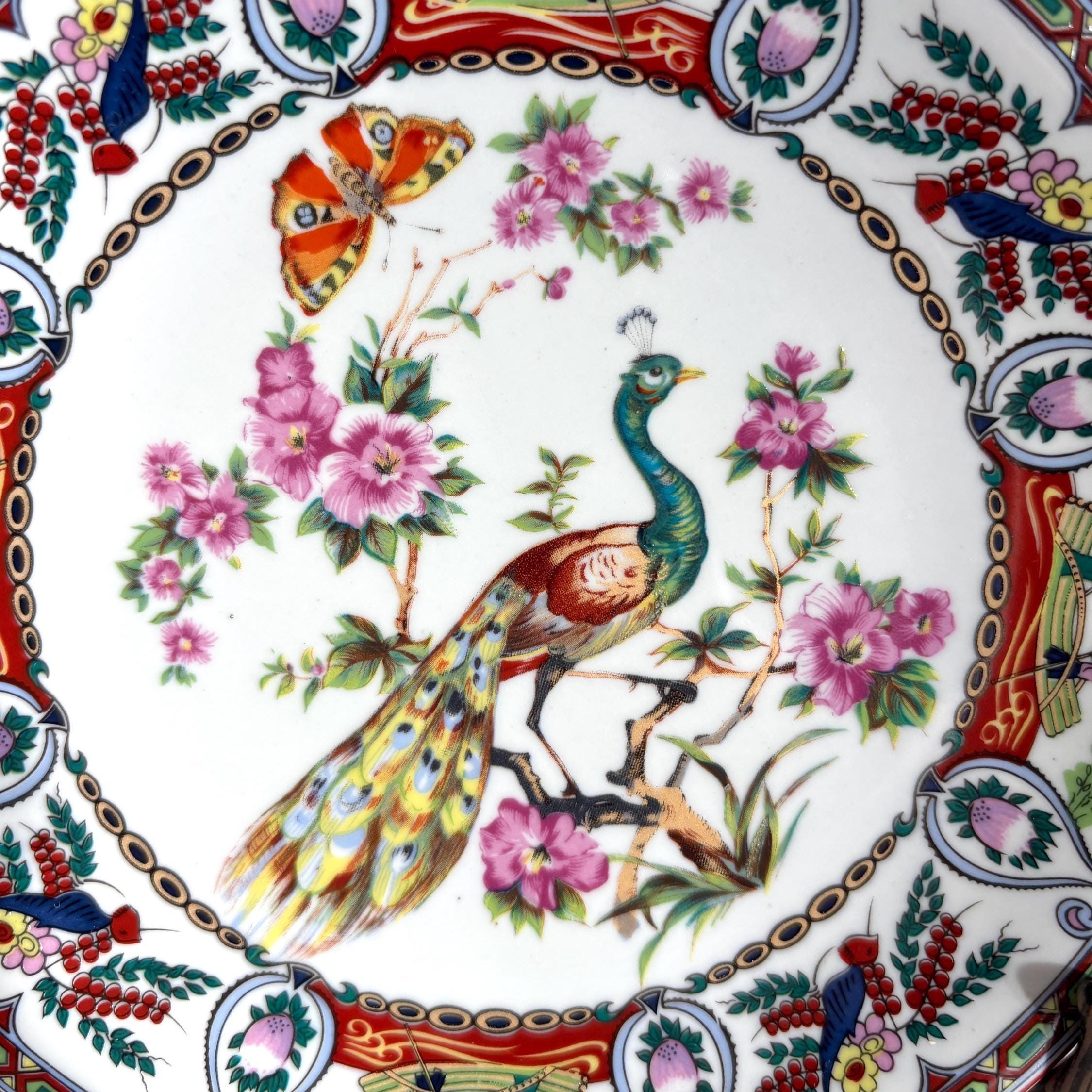 Vintage Famille Rose Peacock Plate: Asian Porcelain Wall Decor
