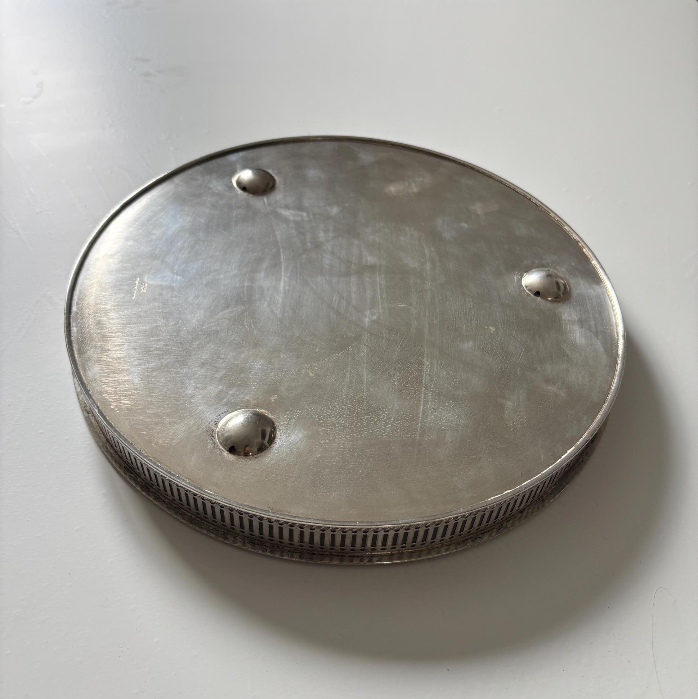 Vintage English Silver Plate on Copper Gallery Tray Ornate Round Serving Tray
