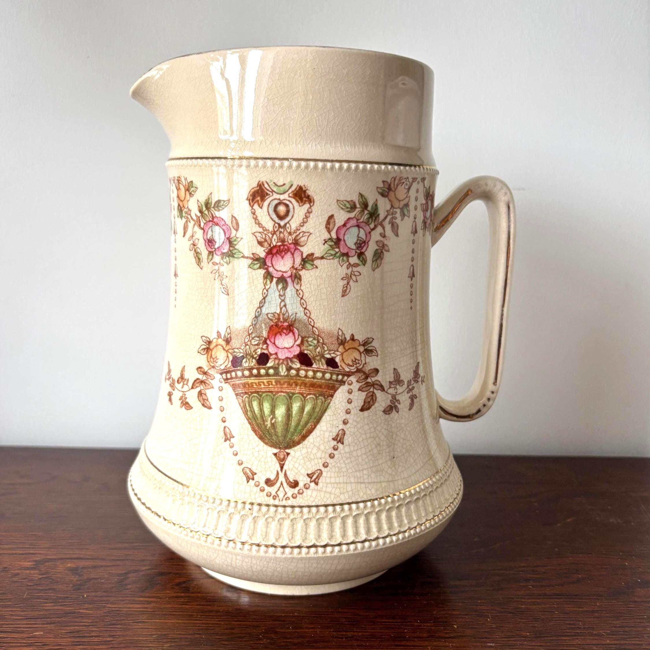 Antique Crown Devon “Etna” Jug Pitcher, Floral Basket, Crackle Glaze, England