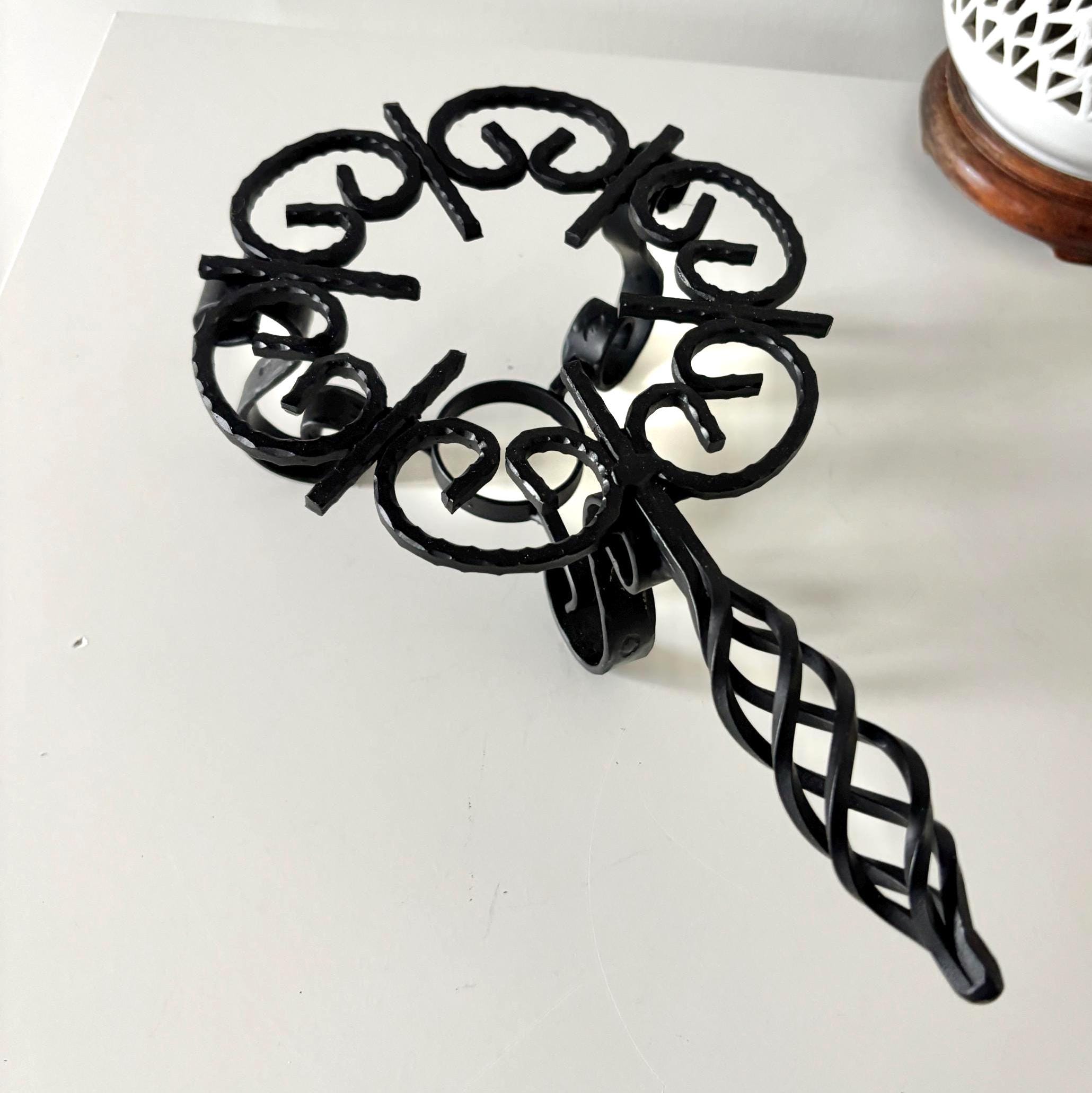 Vintage Wrought Iron Trivet Stand with Twisted Handle, Rustic Candle or Pot Holder