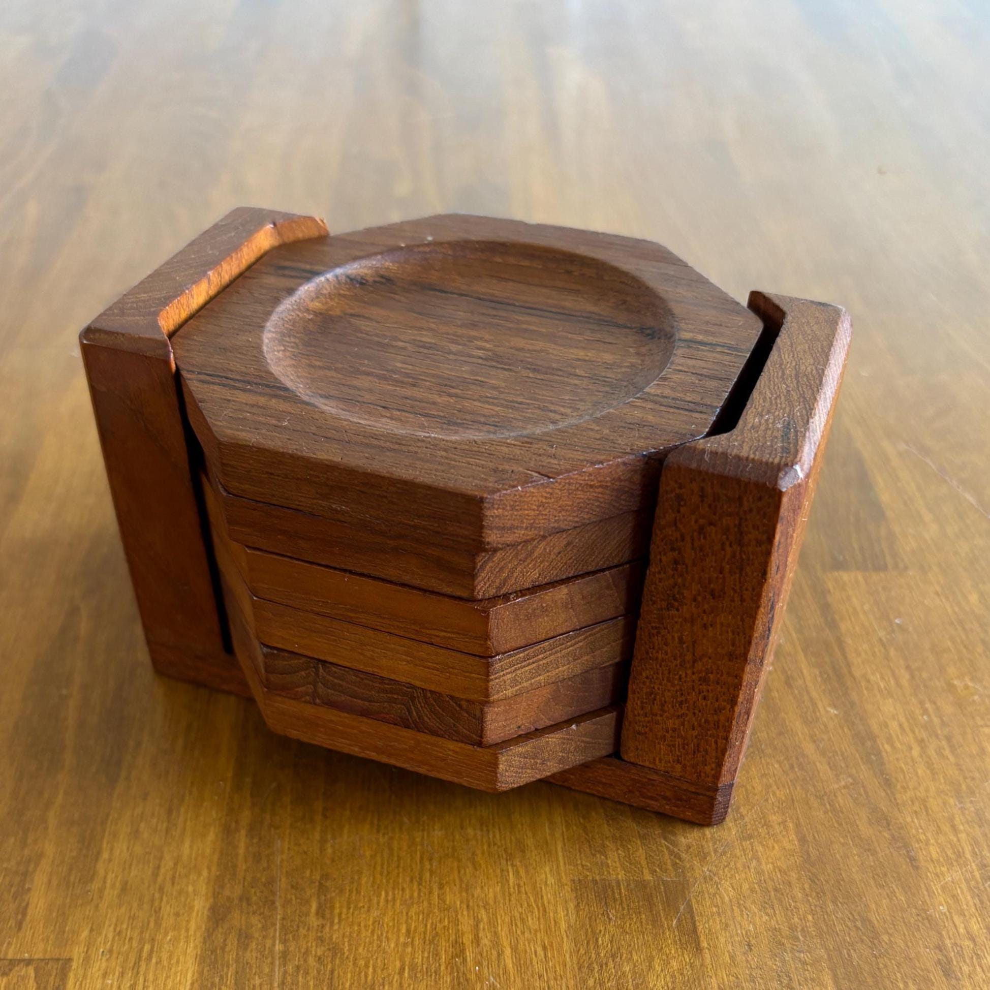 Vintage Teak Coaster Set – Danish Mid Century Modern Wooden Barware (Set of 6)