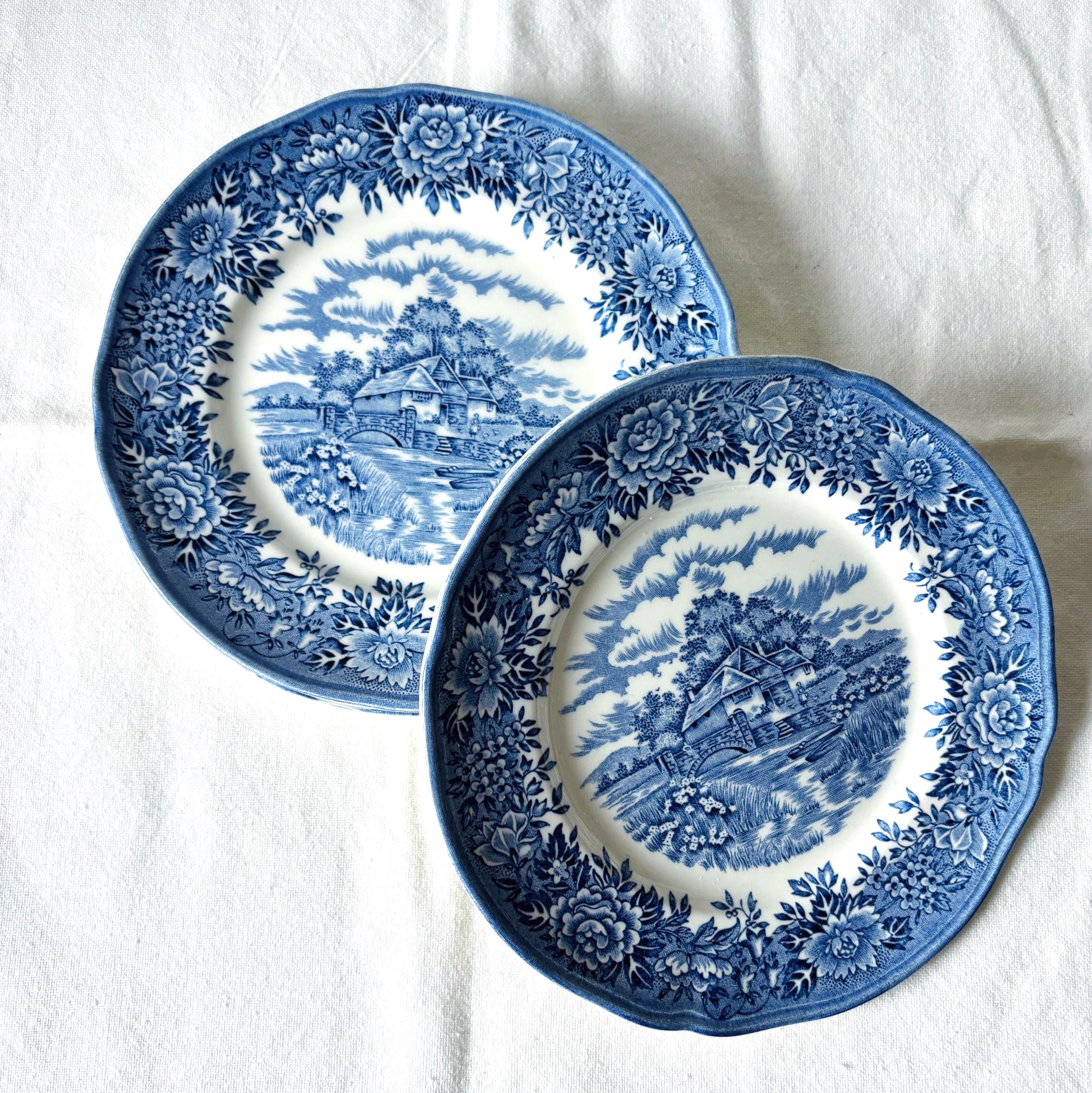 Vintage Colonial Village Tea Plates Set 4 Blue Staffordshire