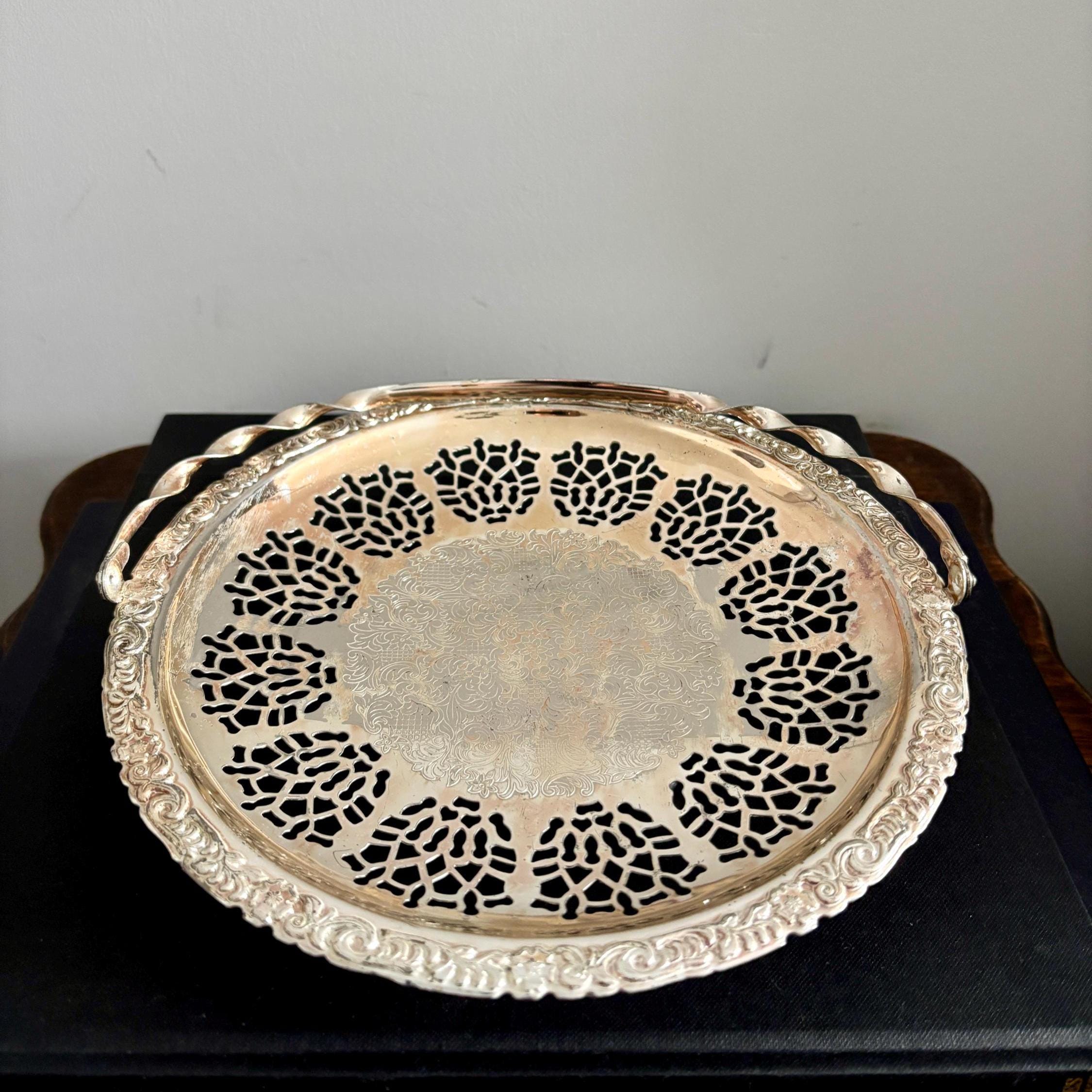 Vintage Silver Plated Pierced Basket Tray with Swing Handle