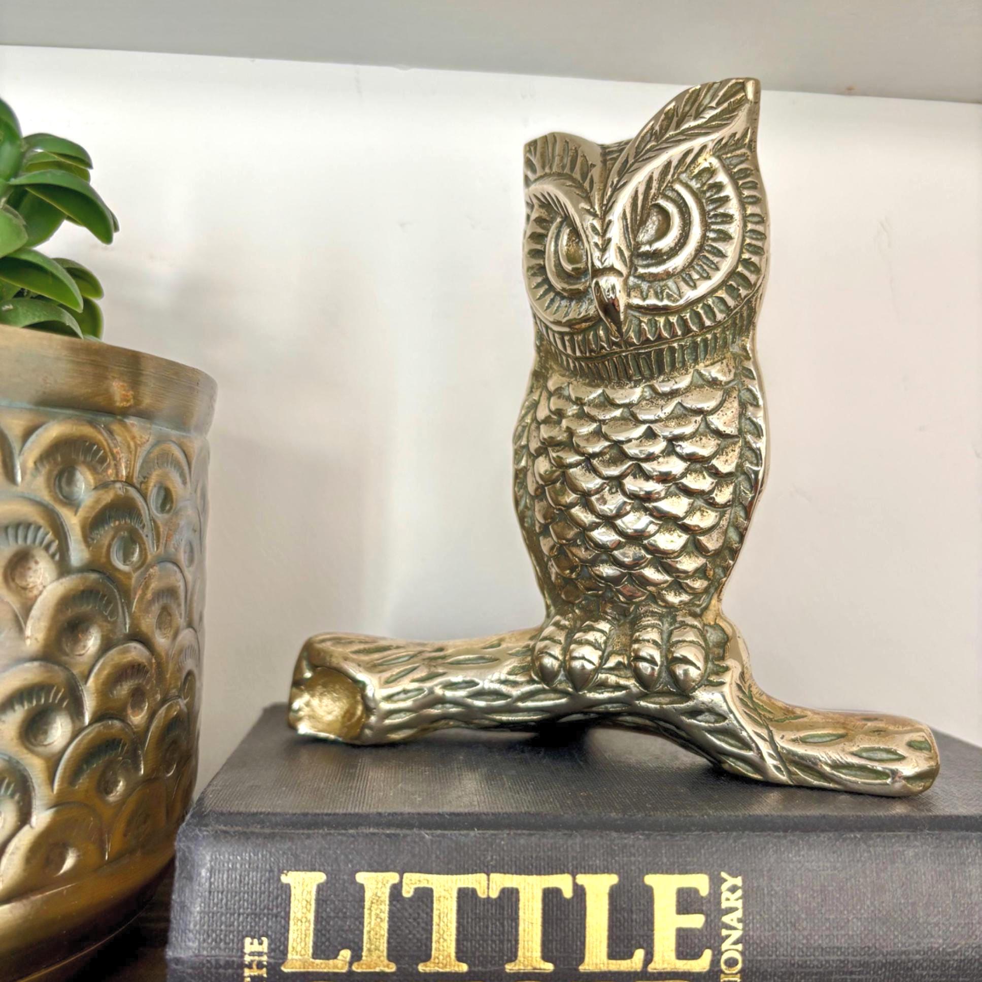 Vintage Solid Brass Owl on Branch Wise Owl Figurine Woodland Bird Sculpture Shelf Decor