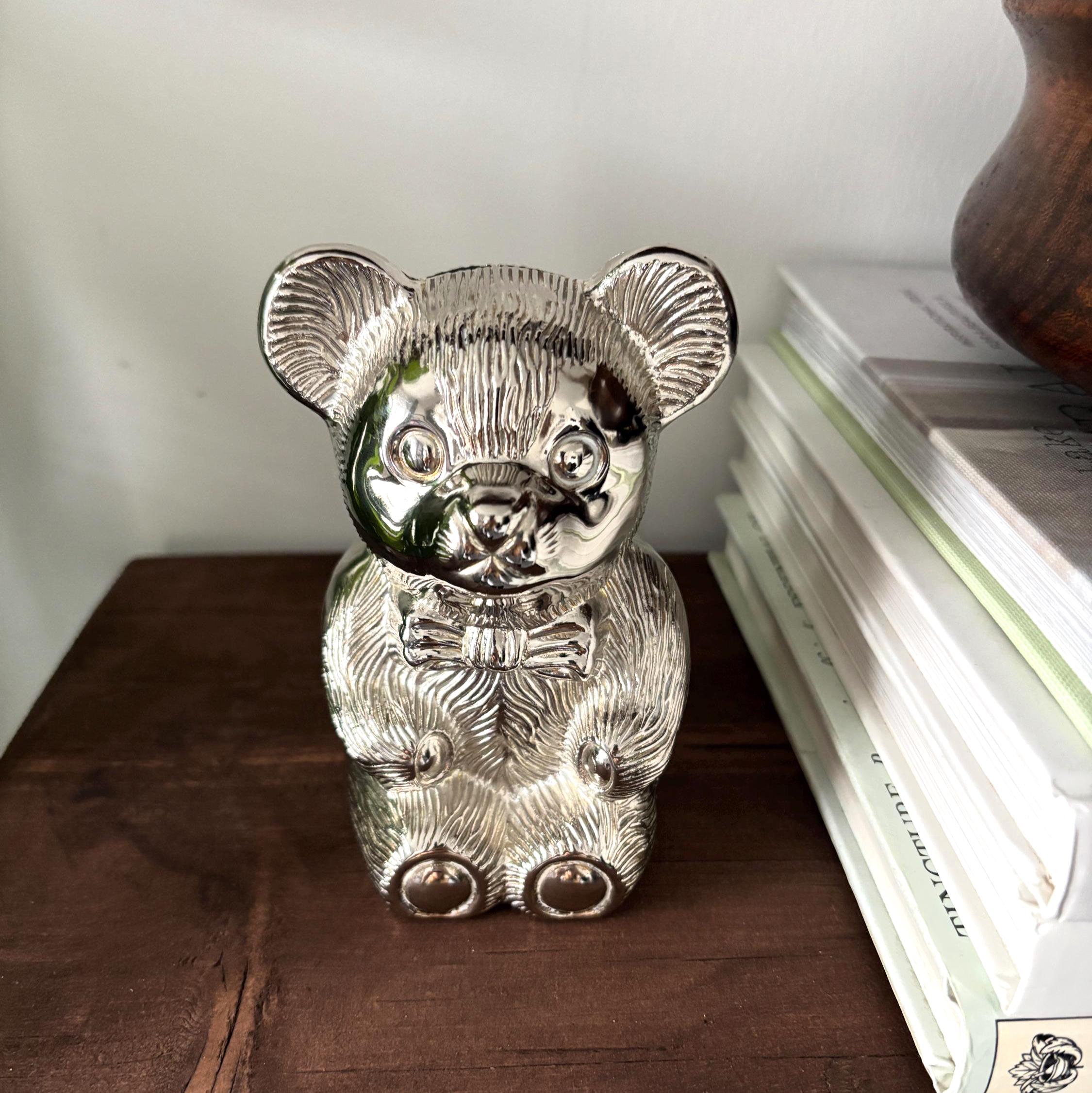 Vintage Silver Plated Teddy Bear Money Box Coin Bank Nursery Decor Baby Gift Keepsake