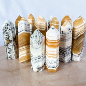 White and Yellow Calcite Tower Point | Modern Crystal Decor