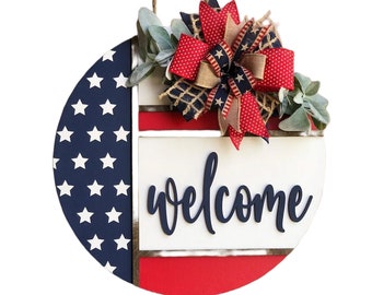 Front Door Decor, Patriotic Door Wreath, Americana Welcome Door Hanger, Welcome Sign, Door Sign, Summer Home Decor, 3D Letters, Porch Decor