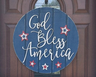 4th of July Wreath, Patriotic Door Hanger, God Bless America Star, Red white Blue, Fourth of July sign, Summer door sign, front door decor