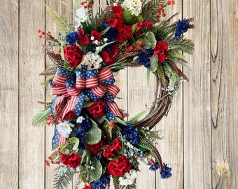 30”x24” Patriotic Summer Wreath, Fourth of July Wreath, Front Door Wreath, Large Wreath, Red White Blue Wreath