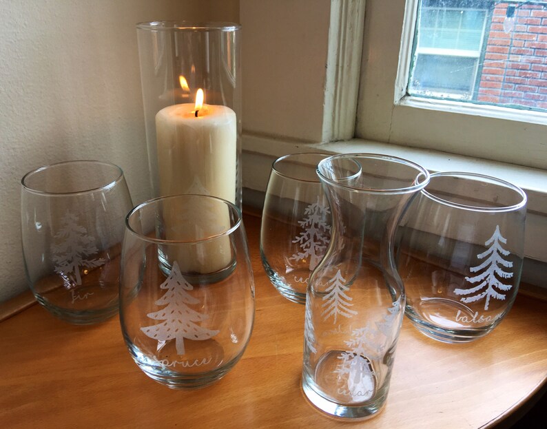 9 Piece Christmas Tree etched wine glass carafe and candle Etsy
