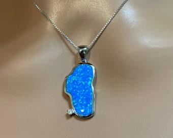 Lake Tahoe Pendant/Fire Opal Lake Tahoe Pendant/Blue Fire Opal Pendant/Sterling Silver/Lake Tahoe Map Pendant