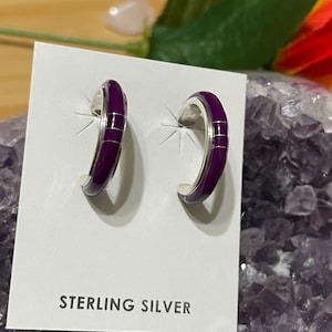 Hoops Earring/Purple Inlay Hoop Earrings/Silver Inlay Earring/Small Purple Hoop Earring/Everyday Jewelry