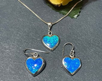 Opal Heart Jewelry Sets/Blue Opal Heart Earring/Heart Opal Necklace/Sterling Silver Heart Sets/Valentine Gift/Heart