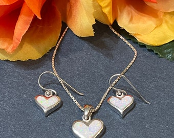White Opal Heart Earring and Necklace Set /White Opal Heart Jewelry Set/ Sterling Silver / White Opal Earrings / White Opal Necklace