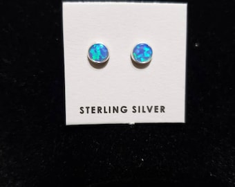 4mm Blue Opal Stud Earrings / Sterling Silver / Dainty Earrings / Fire Opal / Hand Made / Small Stud Earring / Gift For Her