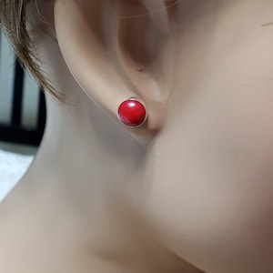 Genuine Red Coral Stud Earrings / 8MM Stud Earrings / Sterling Silver Earrings / Handmade Jewelry / Red Coral Studs / Minimalist Earrings