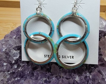 Sterling Silver Double Hoop Earrings: Turquoise Dangle Earrings
