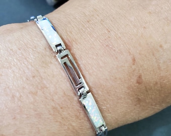 Inlay White Fire Opal Link Bracelet/Sterling Silver Bracelet/Fire Opal Bracelet/gift for Her/Opal Bracelet/Inlay Opal Bracelet/Gift