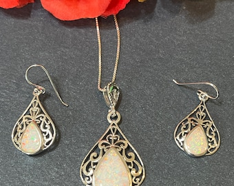 Intricate White Opal Teardrop Jewelry Set/ Opal earrings/ Opal Jewelry set/ Opal necklace /Sterling Silver/Opal pendant /White Opal Earring