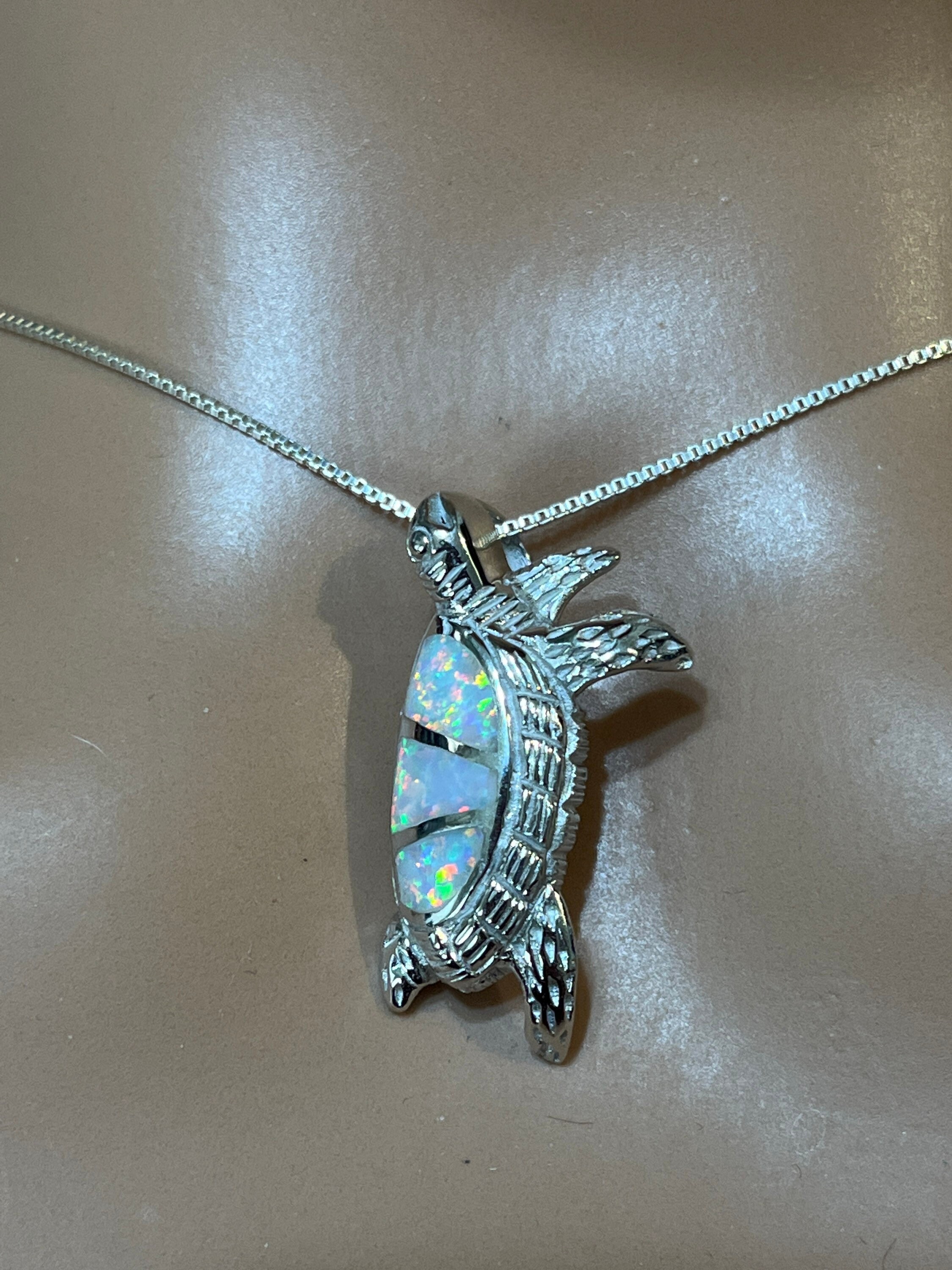 Sea Turtle Inlay White Opal Inlay Sea Turtle Pendant Necklace / Sterling Silver Turtle ...