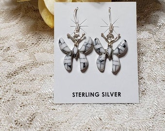 White Buffalo Turquoise Butterfly Earrings / Inlay / Sterling Silver / Dangle Earrings / White Buffalo Turquoise Inlay / Gift For Her