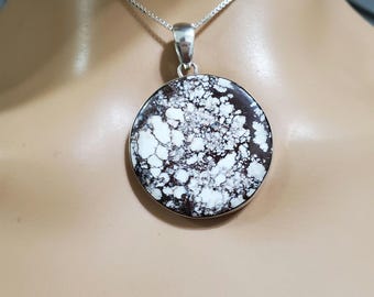 Wild Horse Stone Pendant/Genuine Wild Horse Cabochons/Sterling Silver Necklace/White Stone With Matrix/Gift/LL25