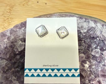Mother Of Pearl Square Stud Earrings / Square Stud Earrings / Sterling Silver Earrings/ White Studs / Stud Earring