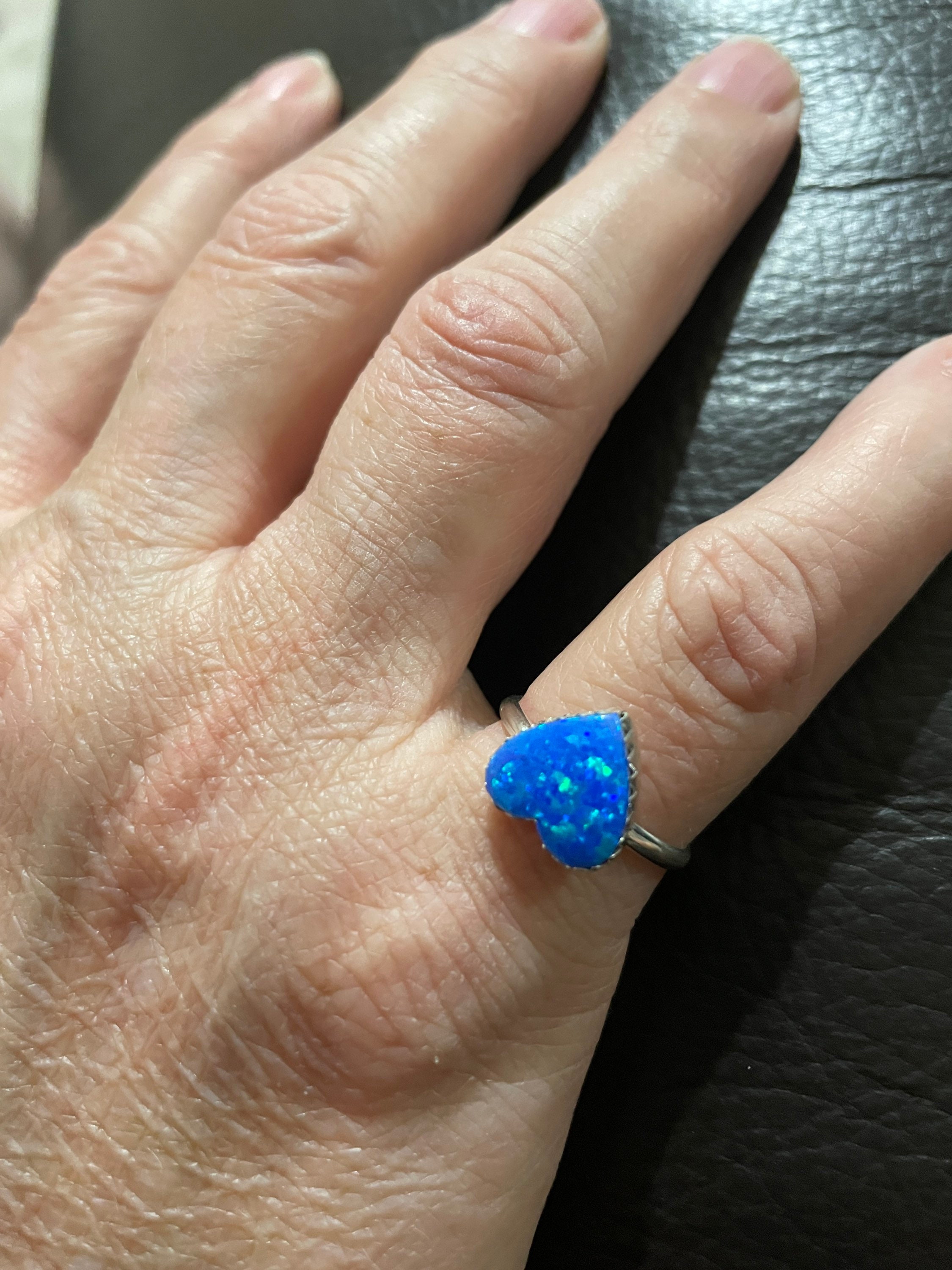 Heart Opal Ring/Blue Opal Ring/Dainty Blue Heart Ring/Heart Sterling Silver Ring/Fire Opal Ring/Fire Deep Blue Opal/Everyday Ring