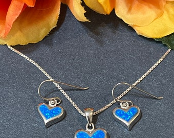 Blue Opal Heart Earring and Necklace Set /Blue Opal Heart Jewelry Set/ Sterling Silver / Blue Opal Earrings / Blue Opal Necklace