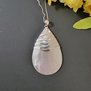 Large Teardrop Mother of Pearl Pendant/Sterling Silver/White Shell Pendant/Mother Of Pearl Pendant Necklace/Shell Pendant Necklace/A166-AR