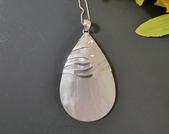 Large Teardrop Mother of Pearl Pendant/Sterling Silver/White Shell Pendant/Mother Of Pearl Pendant Necklace/Shell Pendant Necklace/A166-AR