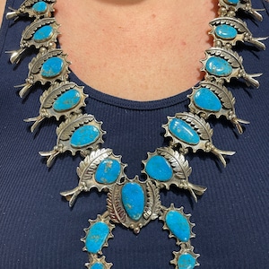 Vintage Large Squash Blossom Turquoise Necklaces/Blue Turquoise Necklaces/NaJa Turquoise Pendant/Blue Turquoise Pendant/Blue Turquoise