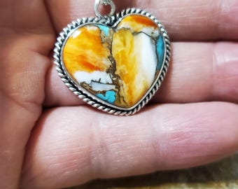 Spiny Oyster Copper Turquoise Heart Pendant/Mohave Turquoise Necklace/Sterling Silver Heart Pendant/Heart Copper Turquoise Pendant/LL208
