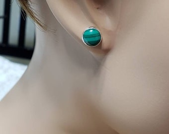 Genuine Malachite Stud Earrings / 8MM Stud Earrings / Sterling Silver Earrings / Handmade Jewelry / Green Studs / Minimalist Earrings