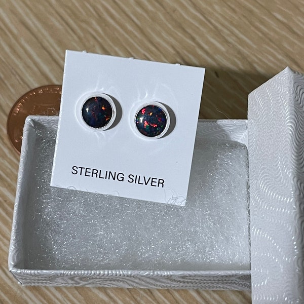 Black fire Opal Stud Earring / Black Opal Earrings/Small Stud Earring/Sterling Silver Studs/Dainty Black Opal/Made In USA