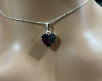 Black Opal Heart Pendant/Fire Opal Heart Necklace/ Dainty Opal Heart/Sterling Silver Heart/Valentine Gift/Black Opal Heart Necklace