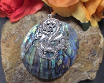 Dragon Shell Pendant / Sterling Silver / Abalone Shell with Dragon / Large Dragon Pendant Necklace / Abalone Shell Dragon Pendant / A387-AR