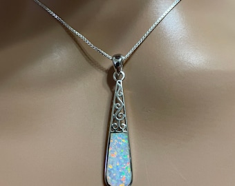 Long Bar White Opal Necklace Pendant/Dainty Drop Opal Pendant/Sterling Pendant/Fire White Opal Pendant/Fire Opal Stick Pendant Necklace