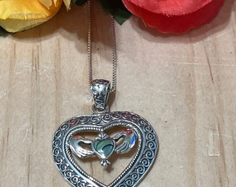 Hands of Hope Abalone Shell Heart Pendant Necklace / Sterling Silver / Inlay Jewelry / Abalone Shell
