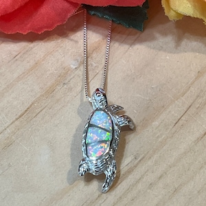 White Opal Inlay Sea Turtle Pendant Necklace / Sterling Silver Turtle Necklace / White Opal Inlay Jewelry / Ocean Necklace