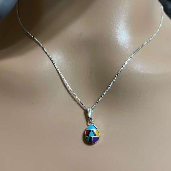 Multi Color Inlay Pendant/Dainty Inlay Pendant/Small Teardrop Pendant/Tiny Inlay Necklace