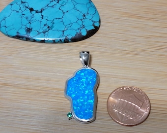Lake Tahoe Pendant/Fire Opal Lake Tahoe Pendant/Blue Fire Opal Pendant/Sterling Silver/Lake Tahoe Map Pendant