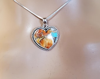 Spiny Oyster Copper Turquoise Heart Pendant/Mohave Turquoise Necklace/Sterling Silver Heart Pendant/Heart Copper Turquoise Pendant/LL203
