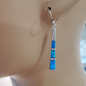May include: A pair of silver dangle earrings with blue opal stones. The earrings are long and slender, with a simple design.